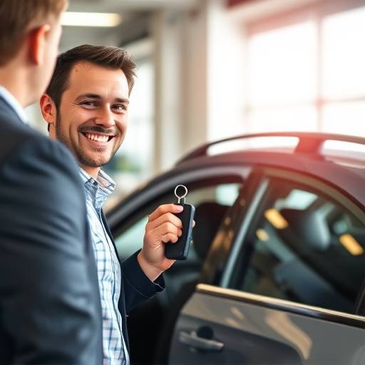 Cliente satisfecho recibiendo las llaves de su nuevo coche de manos de Javier Pérez, asesor de ventas.